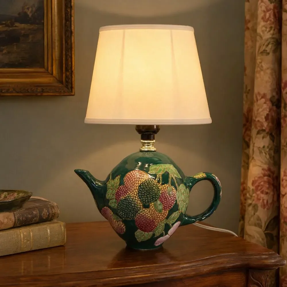 Vintage Ceramic Teapot Lamp Raised Fruit Green Chinoiserie Table Light